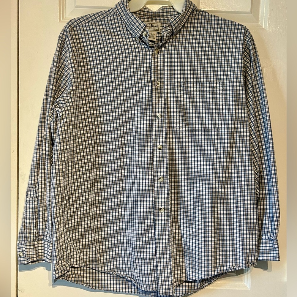LL Bean Mens Large Blue & White Plaid Long Sleeve Button Down Shirt 0 DUD8